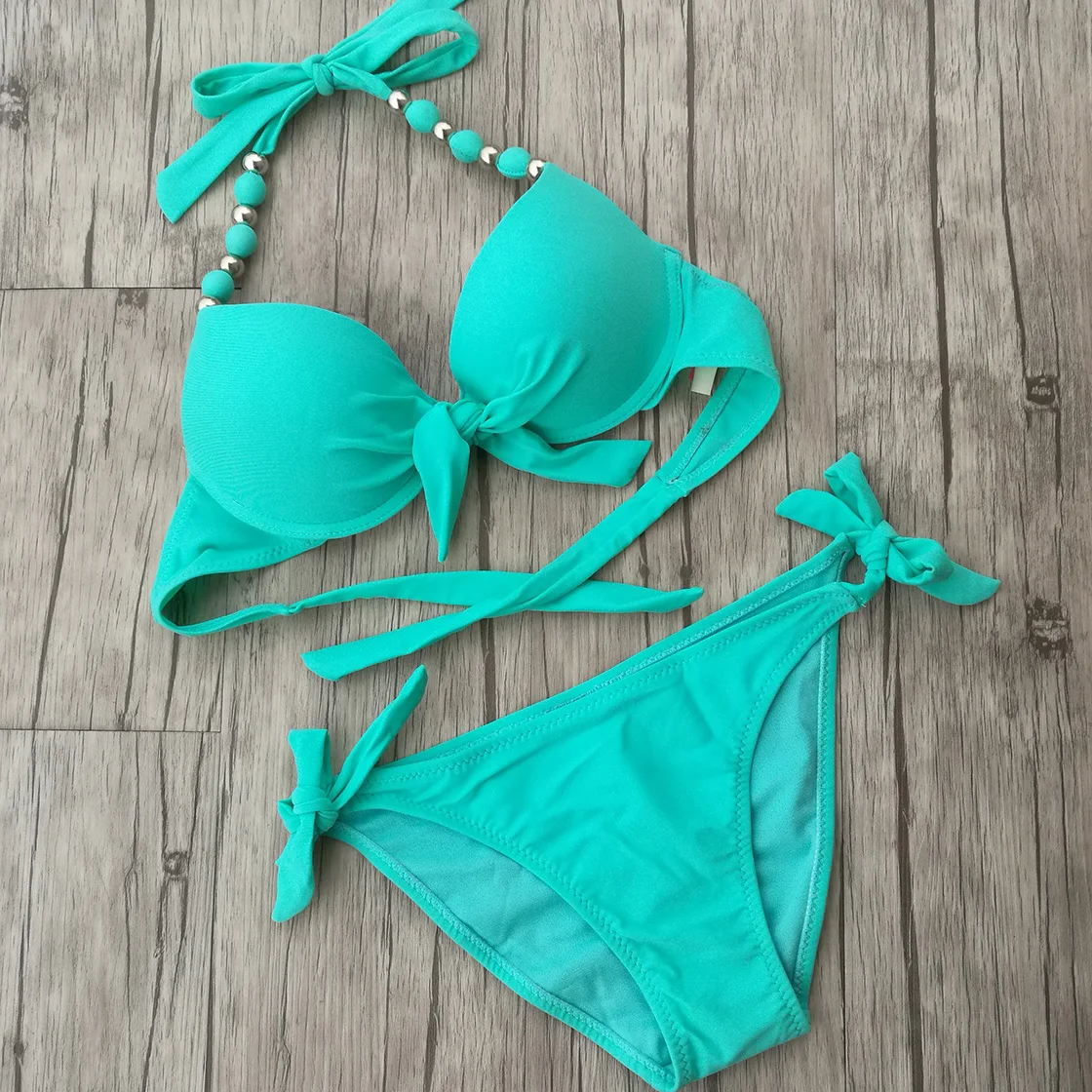 

Full Real Women Green Bikini push up big Breast CUP swimsuit swimwear female high elastic Brazilian style bikinis Set