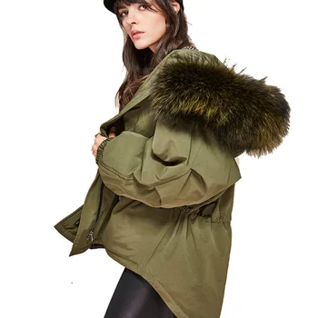 

2017 New High Fashion Winter Women's Warm Thick Bat Sleeved Jacket Oversize Dovetail Coat Large Real Raccoon Fur Hooded Parkas