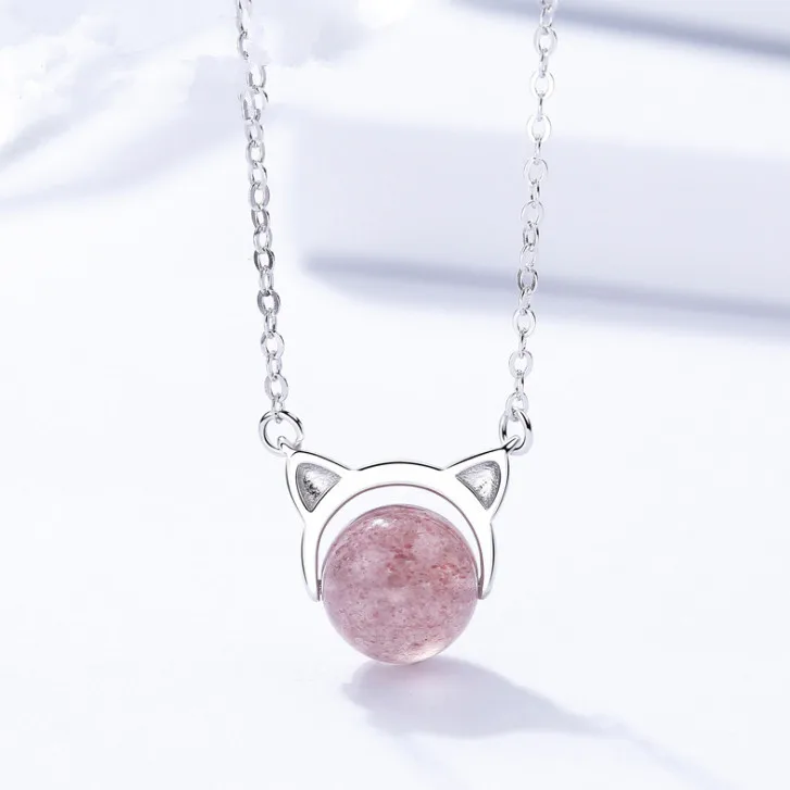 

Woman' Necklaces S925 Sterling Silver Jewelery Animal Cat Pendants Strawberry Crystal Stones Link Chains 410mm Fashion Cute 1pc