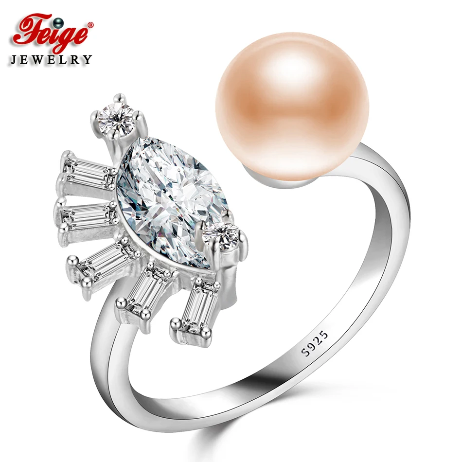 

FEIGE Pearl Ring High Quality AAA Cubic Zirconia 925 Sterling Silver Rings for Women 8-9MM Pink Freshwater Pearl Lady Gifts