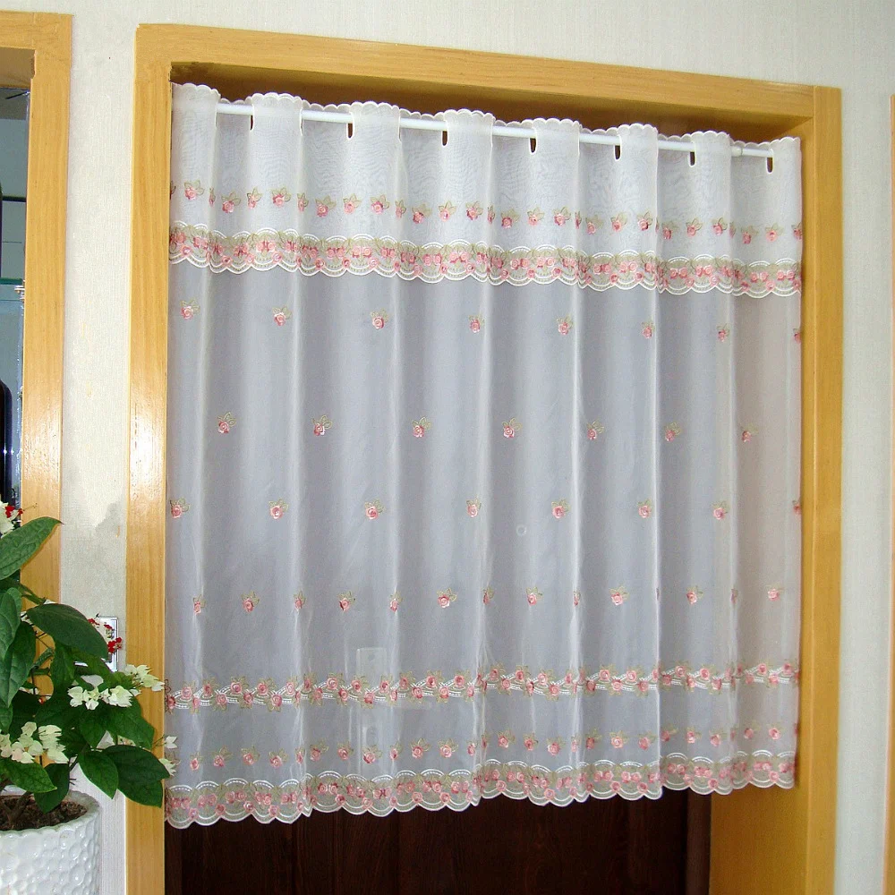 Countryside Door Curtain Luxurious Pink Flower Embroidered Window