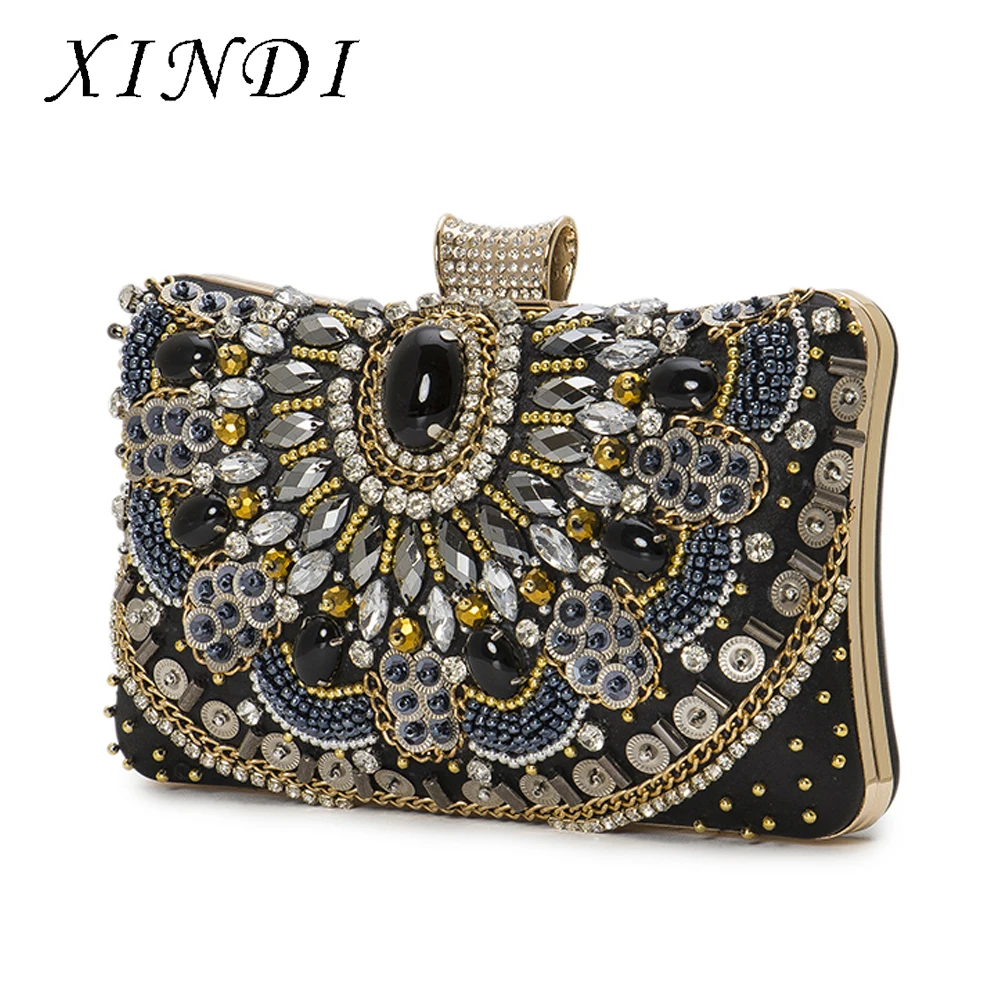 

High Quality Vintage Fashion Embroidery Women Day Clutches Bags Rhinestones Beading Purse Diamond Chain Shoulder Evening HandBag