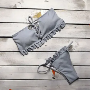 

Lace Up Strapless Bra Set 2019 Summer Metal Button Bow Sexy Summer