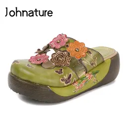 Johnature/Новинка 2019 года, женские пляжные сандалии ручной работы из натуральной кожи в стиле ретро с цветочной аппликацией, шлепанцы на