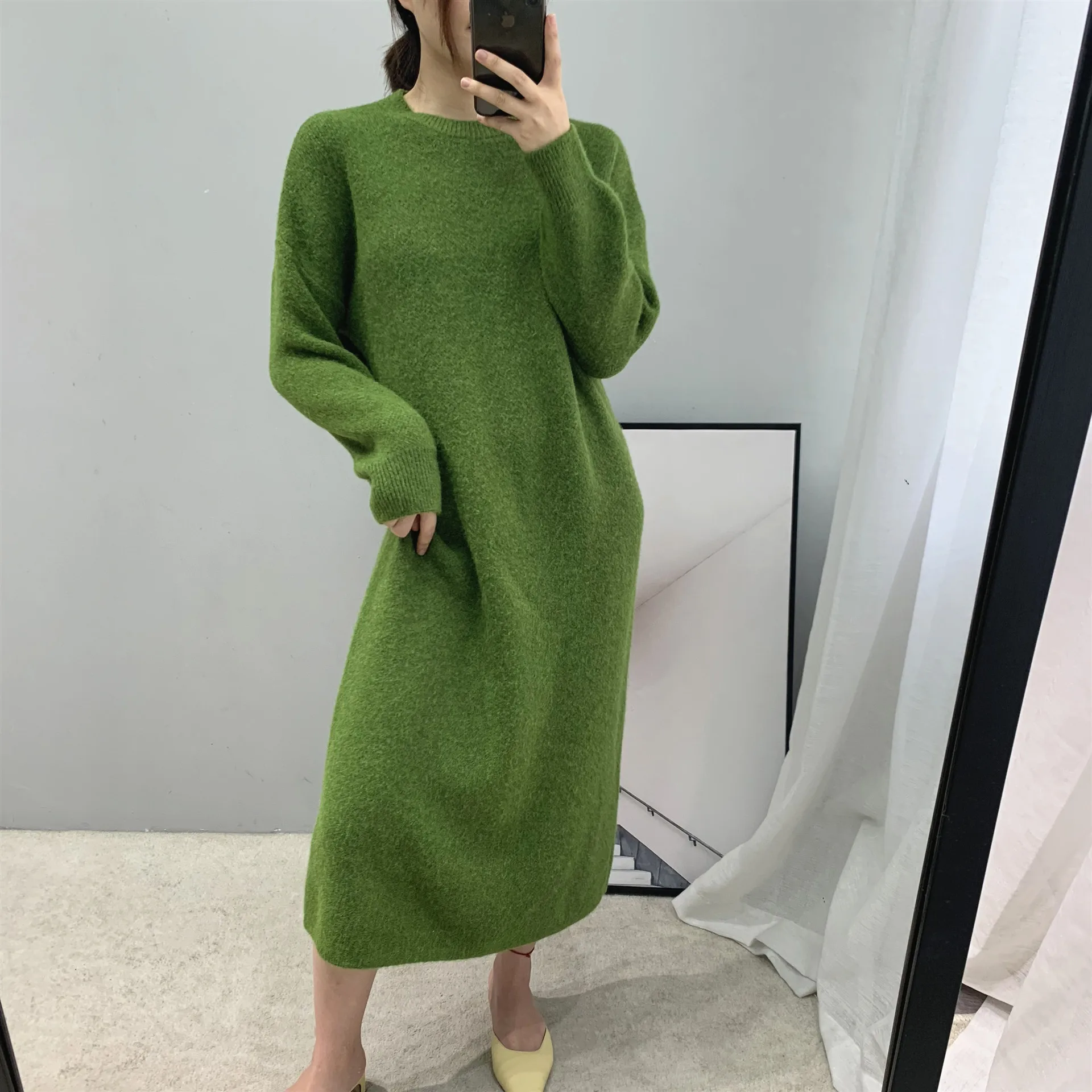 Осеннее женское трикотажное Повседневное платье однотонное корейское прямое длинное платье с круглым вырезом свободное женское платье - Цвет: green