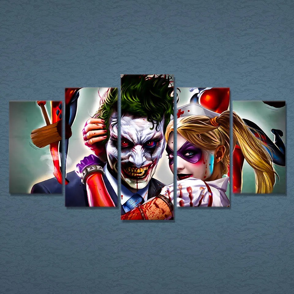 

5 Pcs/Set Framed HD Printed Joker Harley and Quinn Picture Kid Room Canvas Poster Cheap Abstract Oil Painting