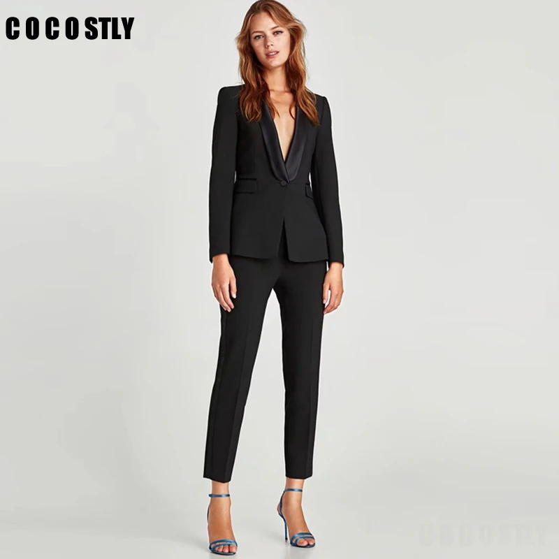 

Black pant suits for women business suit 2 piece set ladies office lady uniform formal female trouser suit women (Jacket+Pant)