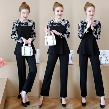 

Long Sleeve Plus Size 5xl Ensemble Femme Deux Pieces Floral Print Patchwork Women Two Piece Outfits Temperament Ol Women's Suit