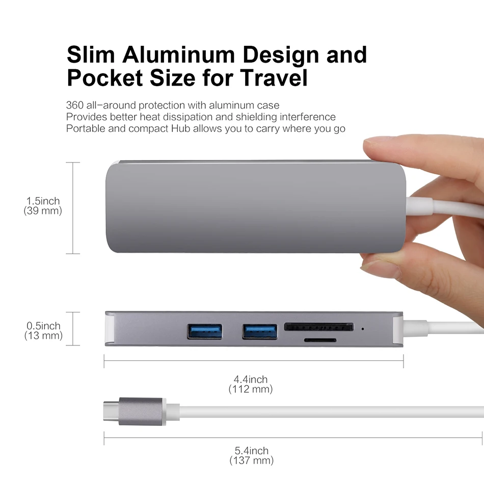 EKSA USB C концентратор адаптер алюминиевый 5 в 1 многопортовый type C концентратор с 1000 м RJ45 Ethernet порт, 2 USB 3,0 порта, SD и Micro SD карты