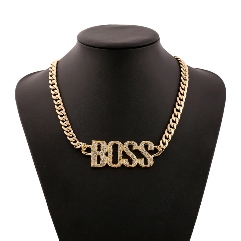 

Hip Hop Letter Boss Pendant Necklaces For Women Men Personalized Wide Flat Chain Choker Necklace With Crystal Punk Jewelry