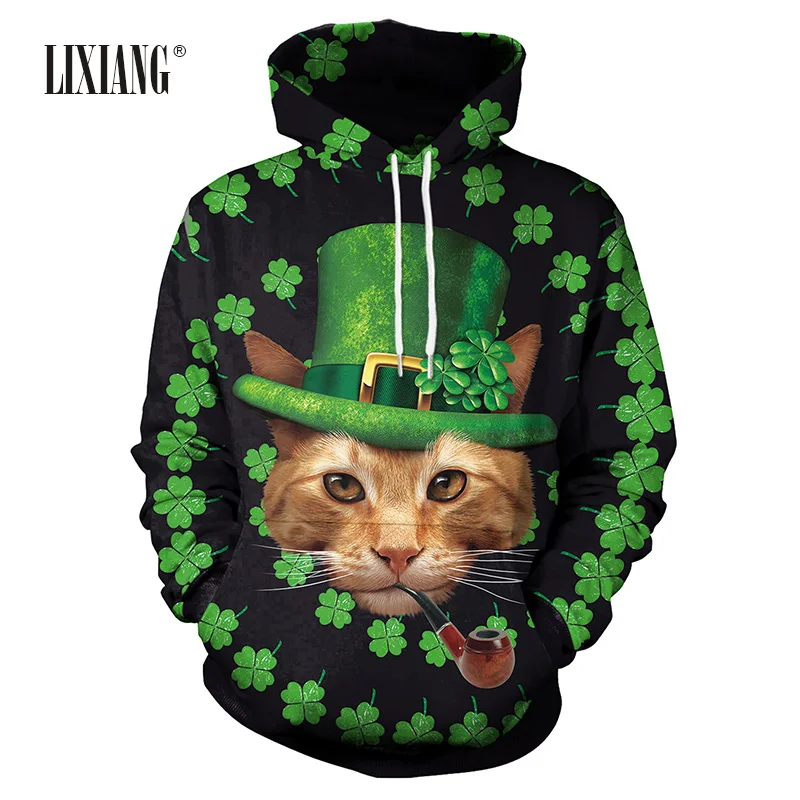 

New Lucky Clover Thin hoodies Men Women Sweatshirts Casual Pullovers Cats Dogs 3D Print Shamrocks St. Patrick's Day Hooded Tops