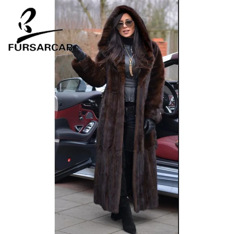 FURSARCAR 2020 новые роскошные шубы из натурального меха норки 120 см длинная куртка с