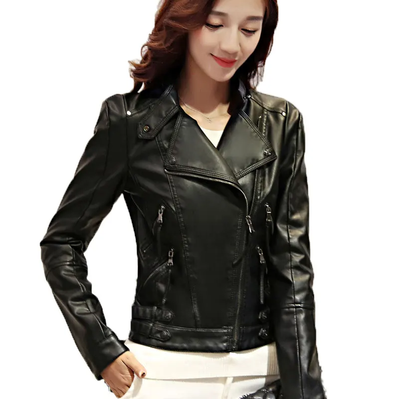 Women PU Leather Multiple Zippers Jacket Lady New Short Black Bomber