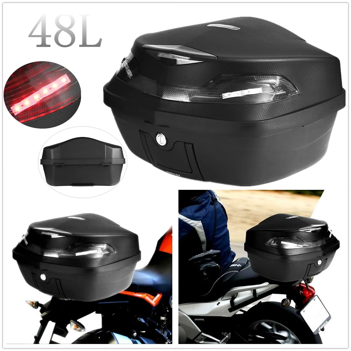 

Universal 48L Motorcycle Scooter Rear Cargo Trunk Carrier Top Box Tail Luggage Storage Case w/LED Light