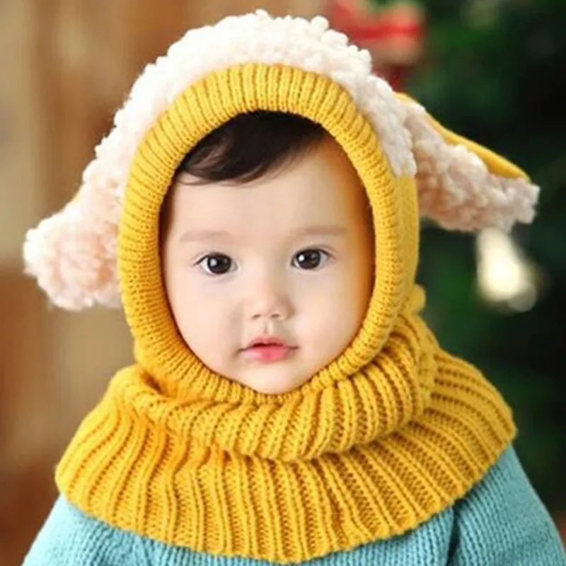 Winter children's collar dog modelling wool soft hat baby cloak  keep warm shawl conjoined hat kids beanies hat scarf sets