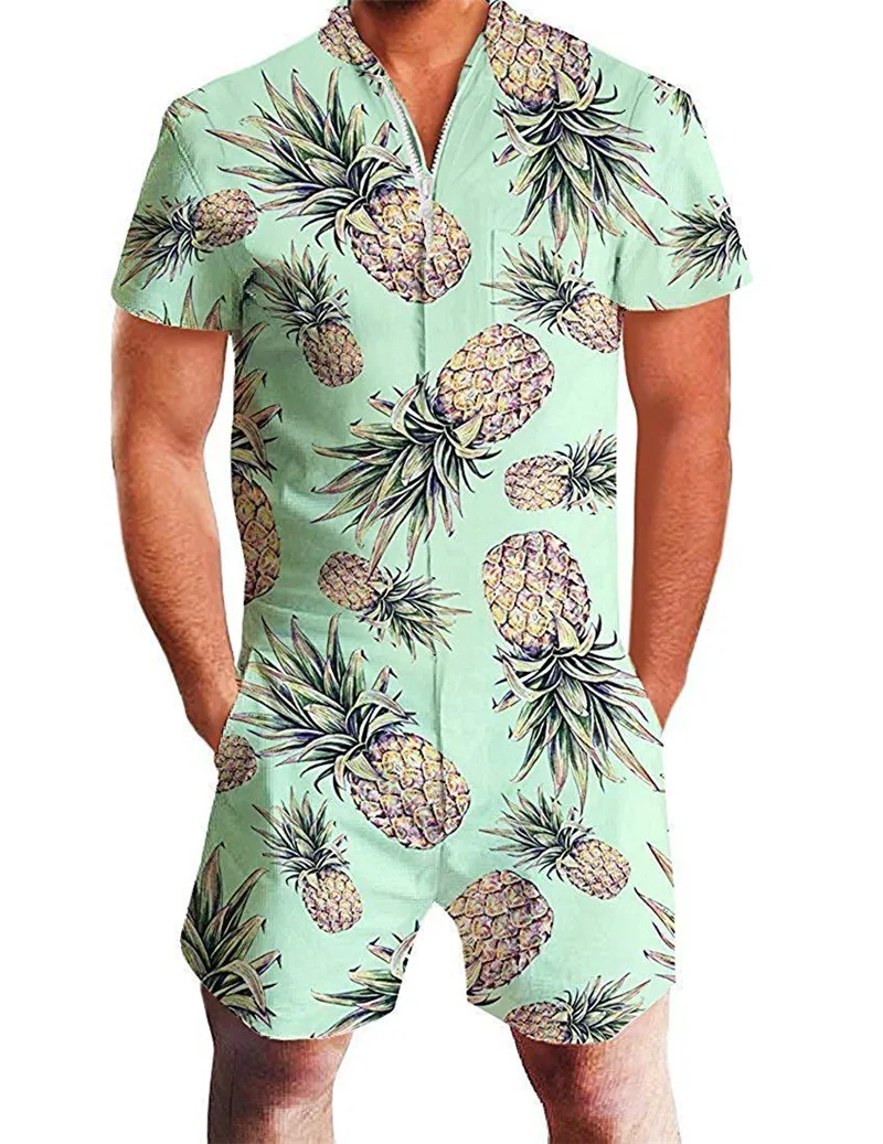 Men 3D Graphic One Piece Romper Men Casual Zipper Short Sleeve Summer Jumpsuit With Pocket Leopard Print Summer Beach Set