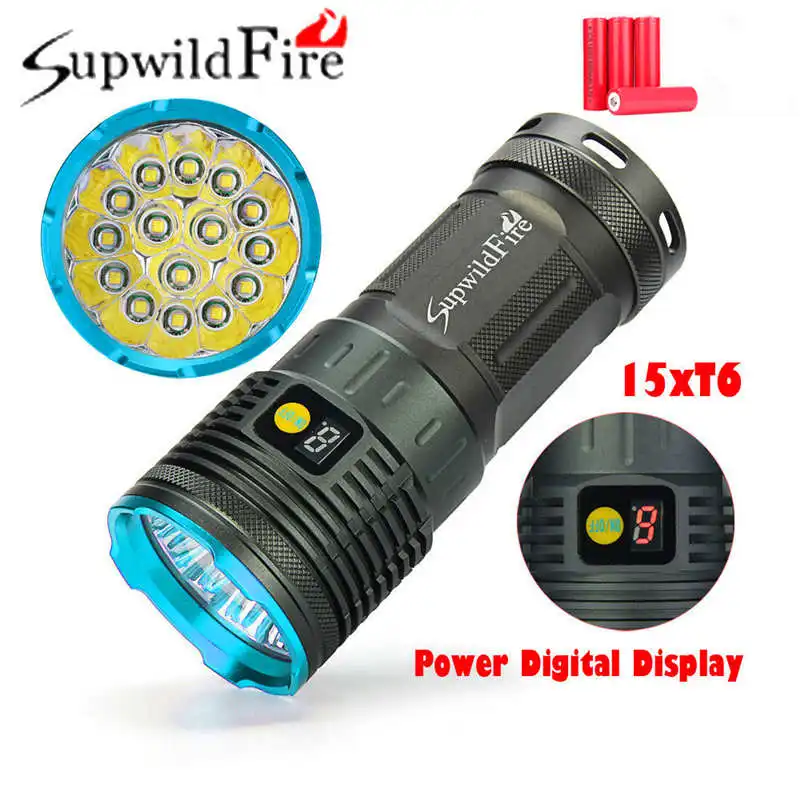 Supwildfire 50000LM 15 x XM-L T6 LED rechargeable Power Digital Display Hunting powerful led flashlight 18650 battery #3S28 (8)