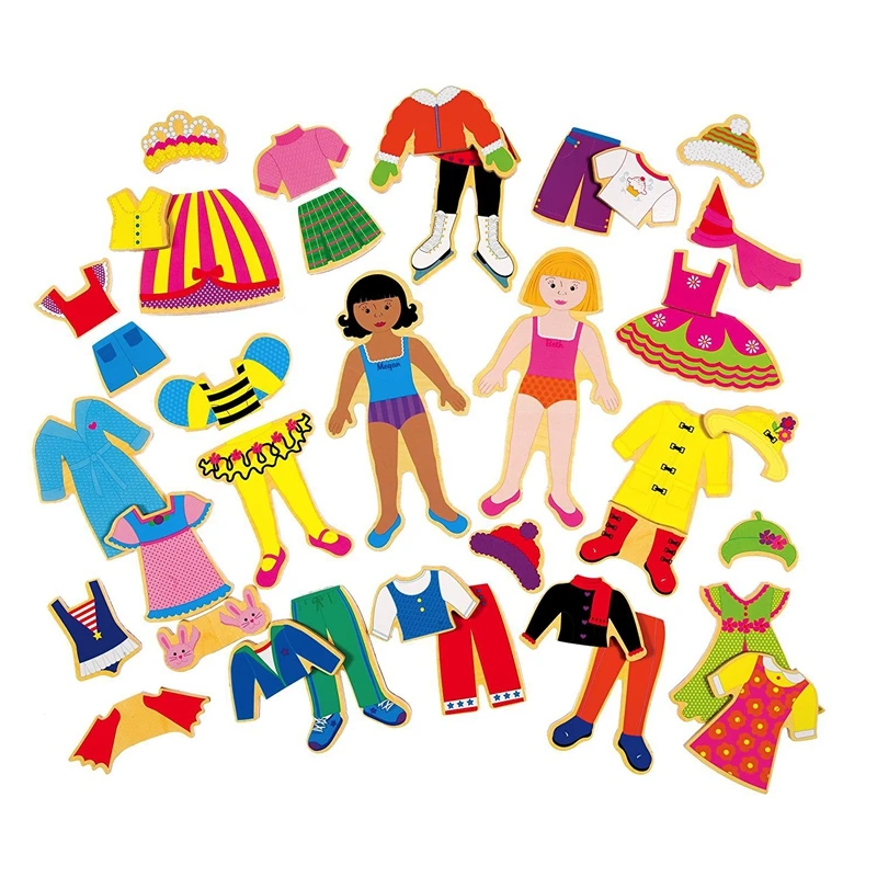 Baby Toys Wooden Dress Changing Pocket Dolls 2 Amercia Girls with 35Pcs