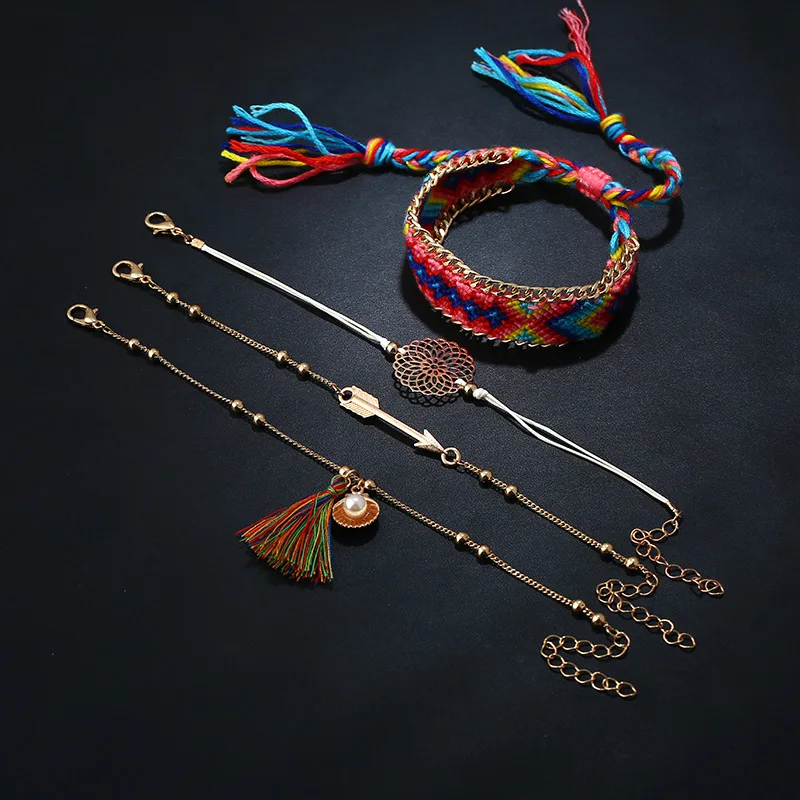 

8SEASONS Bohemia Beaded Rope Bracelets Set Gold Color Multicolor Tassel Flower Pineapple Rhinestone Women Jewel 1 Set ( 4 PCs )