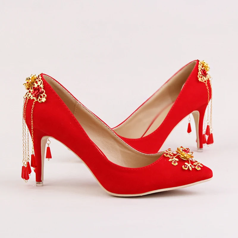 Красные туфли; замшевые свадебные туфли с бахромой для невесты; модельные туфли на высоком каблуке; осенние женские туфли с золотыми цветами и бахромой
