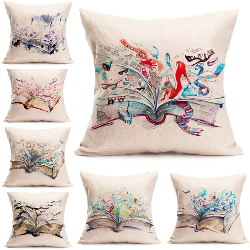 45cm*45cm The pattern of an open book linen cushion cover sofa pillow