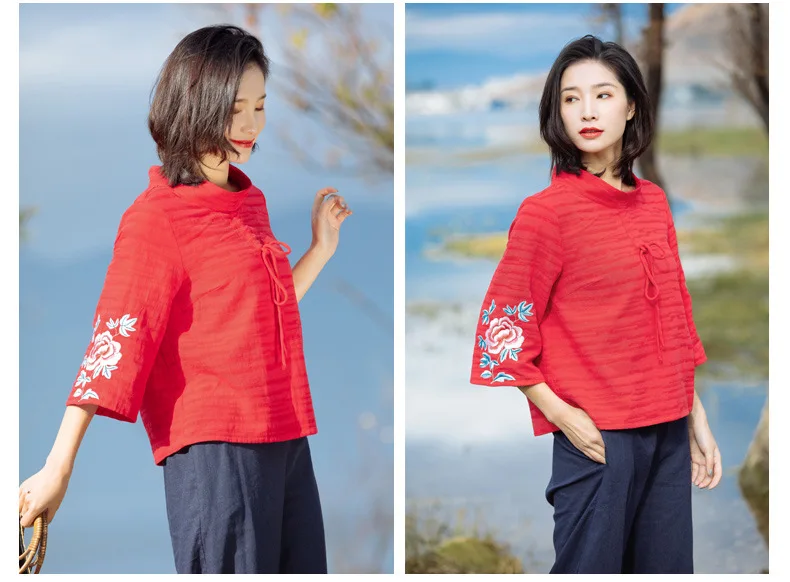 ZJN Women Tunic Blouse 2019 Spring Summer Basic Shirt Chinese Style Turtleneck 34 Sleeve Ladies Red Embroidery Sweatshirt Tops (7)