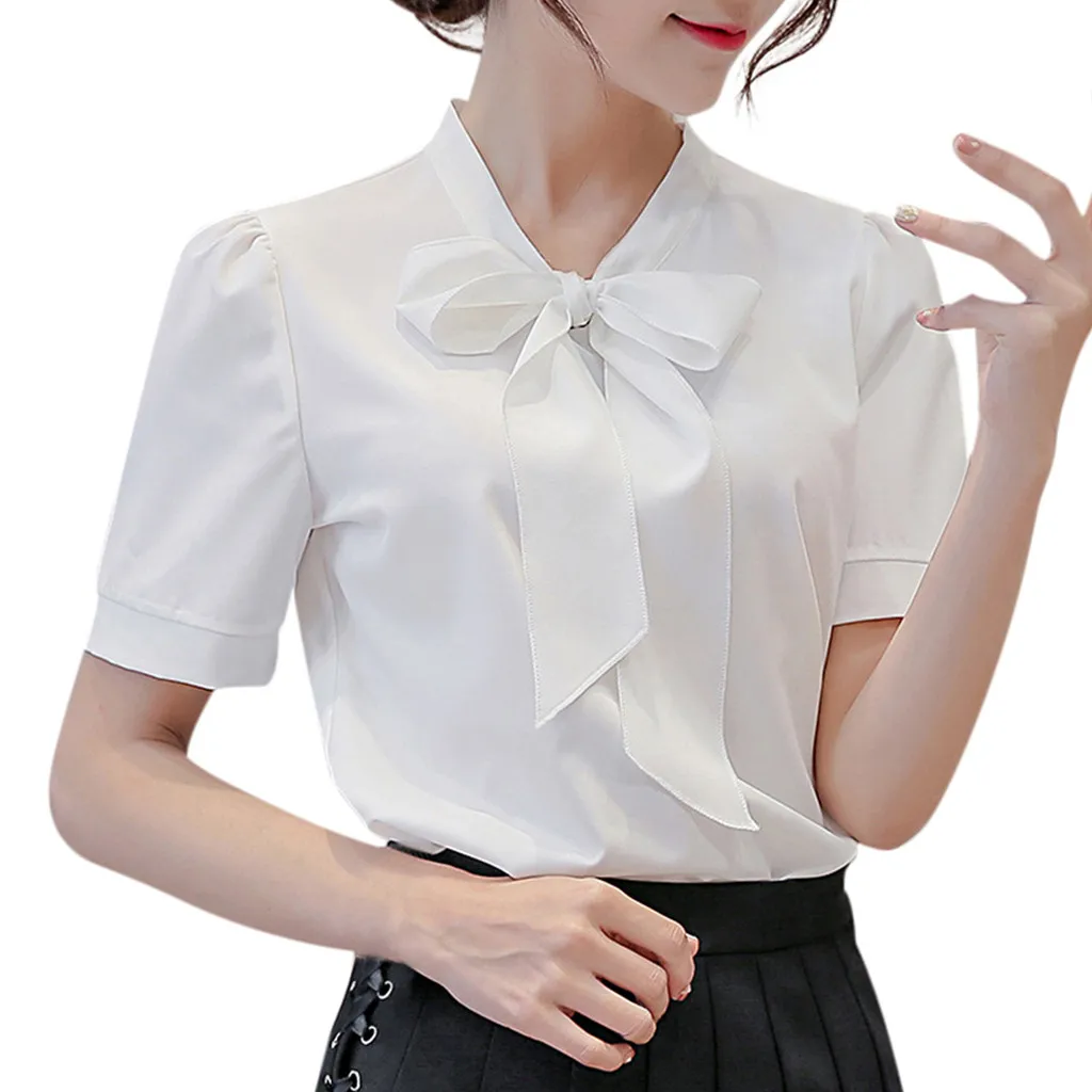 

Office Lady White Shirt womens tops and blouses Summer Work Office Short Sleeve Bow Tie Solid Chiffon Blouse Tee Shirt Top L3