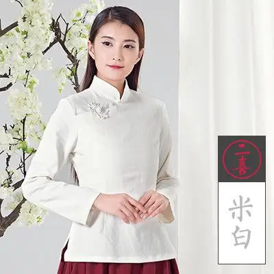 National Style Student Top Cotton Linen Women Slim Shirt Three Quarter Sleeve Handmade Button Blouse Chinese Red Tea Clothing - Цвет: Белый