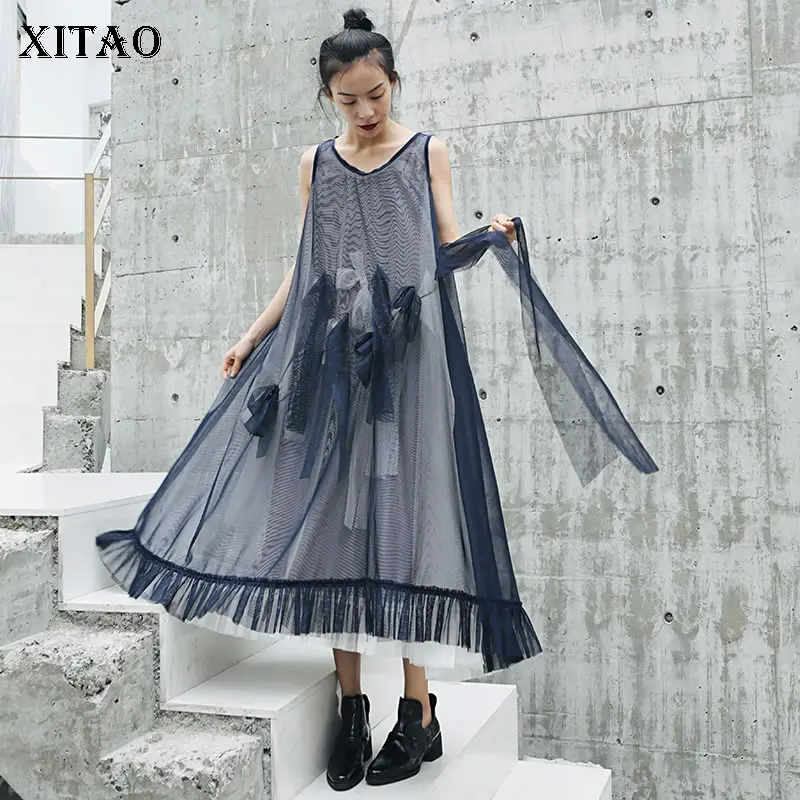 

[XITAO] Summer 2019 Women New Casual Fashion Solid Color Dress Patchwork Bow bandage Brief Loose Mesh Ruffles Dress WBB3323