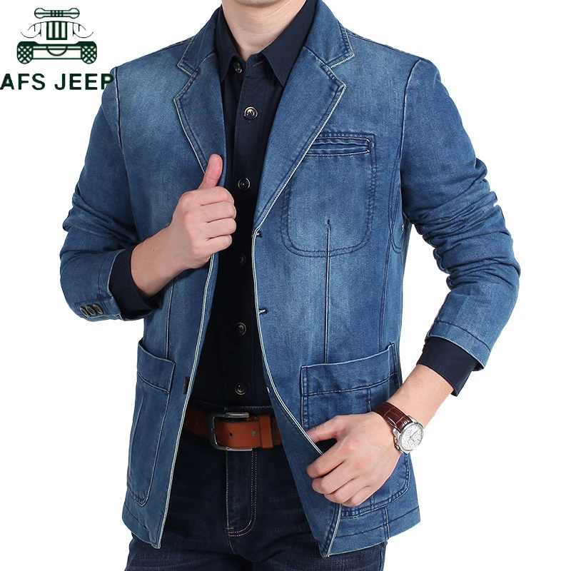

AFS JEEP Brand Denim Blazer Men Autumn Winter Cotton Denim Smart Casual Men Jacket Slim Fit Suits Plus Size 4XL blazer masculino