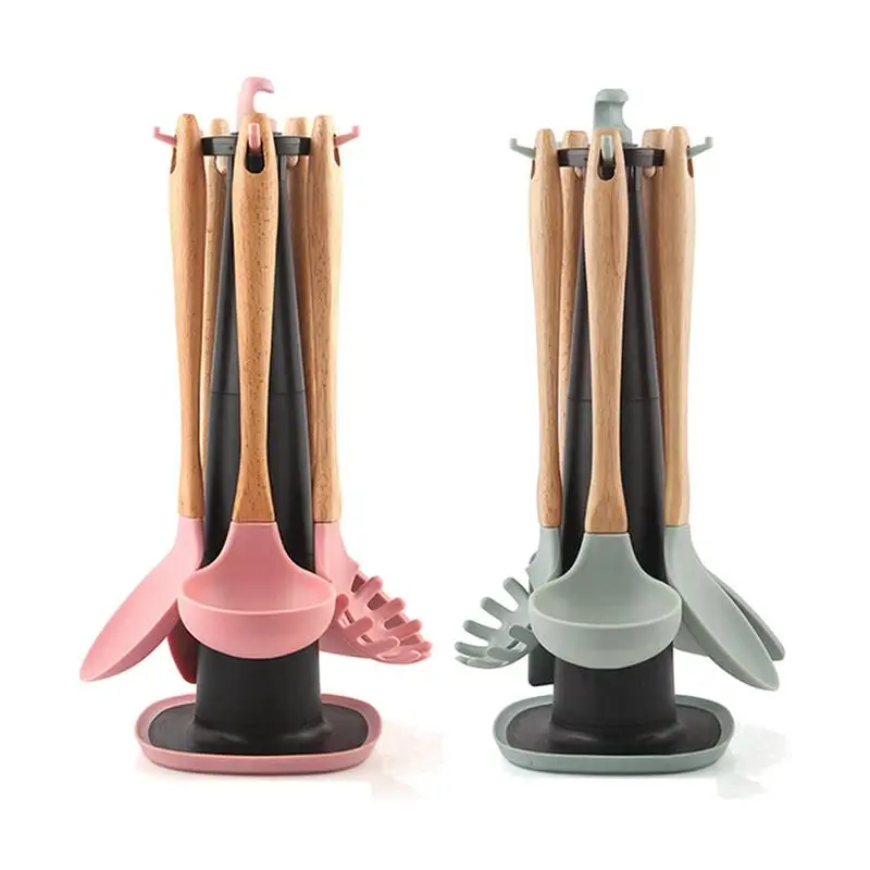 6 Pcs/Set Kitchen Wood Frame Silicone Kitchen Utensils Cooking Utensils Cooking Tool Sets Spoon Shovel Base Kitchenware Set