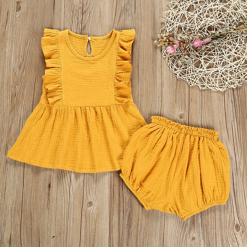 

Ruffle Vest Tops+Pants Shorts Solid Toddler Infant Cotton Outfits 2019 Newborn Cotton Linen 2Pcs Baby Girls Summer Clothes Set