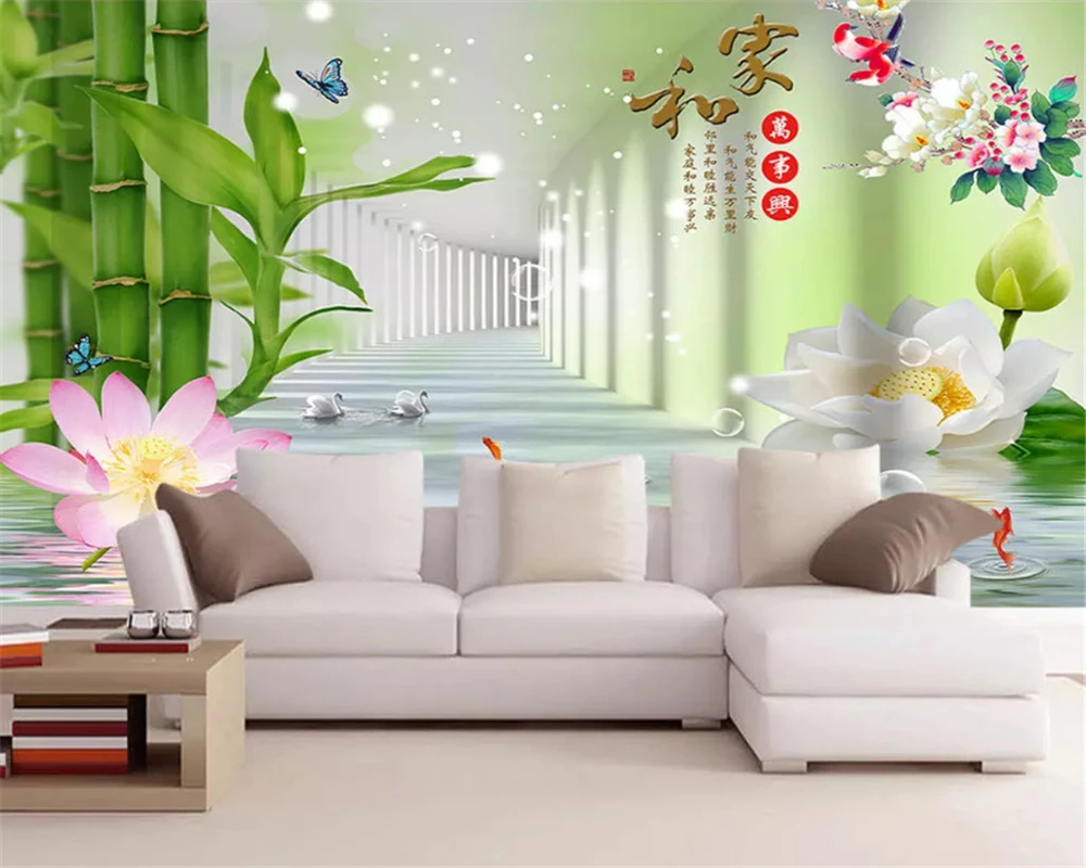 3D фотообои фотографии объемный дом и все happy bamboo lotus ТВ фон Настенная бумага|mural
