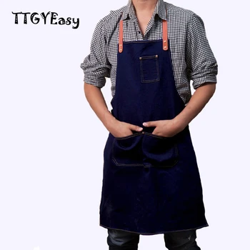 

2018 New Aprons Denim Antifouling Cowboy Uniform Unisex Aprons for Woman Men with pockets Kitchen Chef Waiter Cooking pinafore