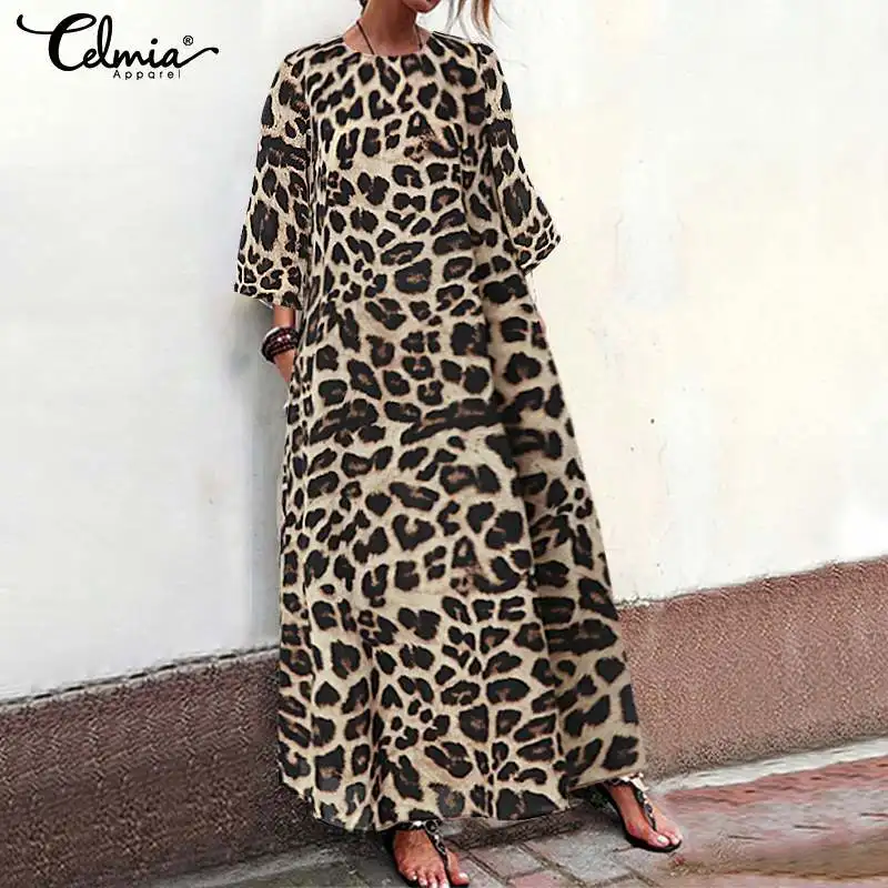 Cellia 2019 осеннее женское платье с расклешенными рукавами, повседневное свободное леопардовое платье с круглым вырезом, макси платья