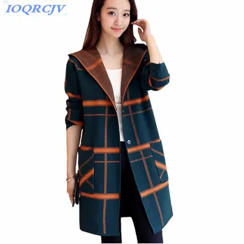 

Knitted sweaters for women 2018 Spring autumn Hooded Cardigan jackets fashion Plaid print Casual tops sweaters coats IOQRCJVN128
