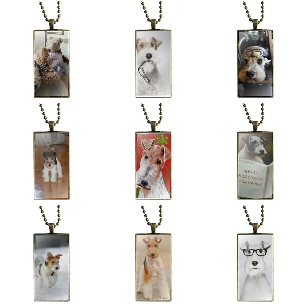 

For Women Girl Gift Wire Fox Terrier With Glasses Fashion Glass Cabochon Pendant Rectangle Necklace Choker Necklace Jewelry