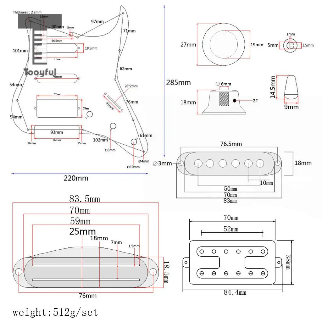 Tooyful 3ply Loaded Prewired Pickguard SSH Pickup with Back Plate for ST Electric Guitar Parts