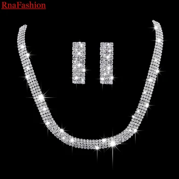 

RNAFASHION Wedding Jewelry Sparkling Rhinestone Crystal Choker Necklace Earrings Set Charm Silver Plated Bridal Jewelry Sets