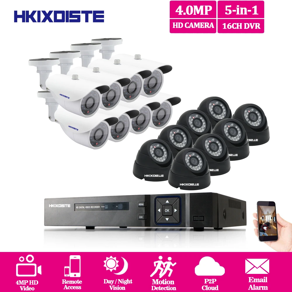 

HKIXDISTE CCTV System 16CH 4MP DVR 8pcs 4.0MP Outdoor Weatherproof+8pcs Dome CCTV Camera Home Security System Surveillance Kits