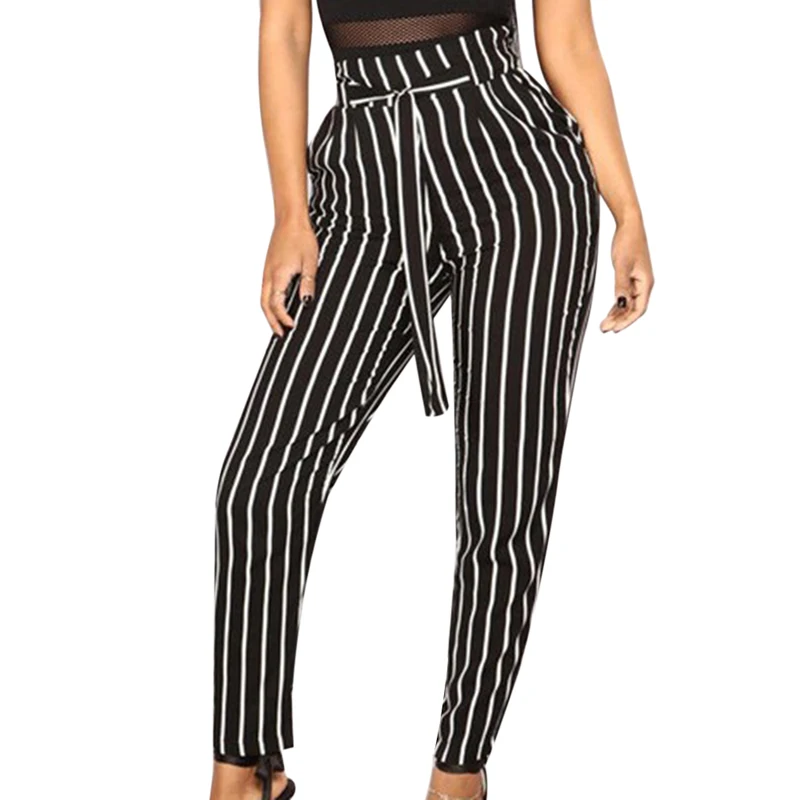 

LITTHING New Self Belt Slim Striped Pants Women Fashion Clothing High Waist P ockets Trousers 2019 Spring New Casual Carrot Pant