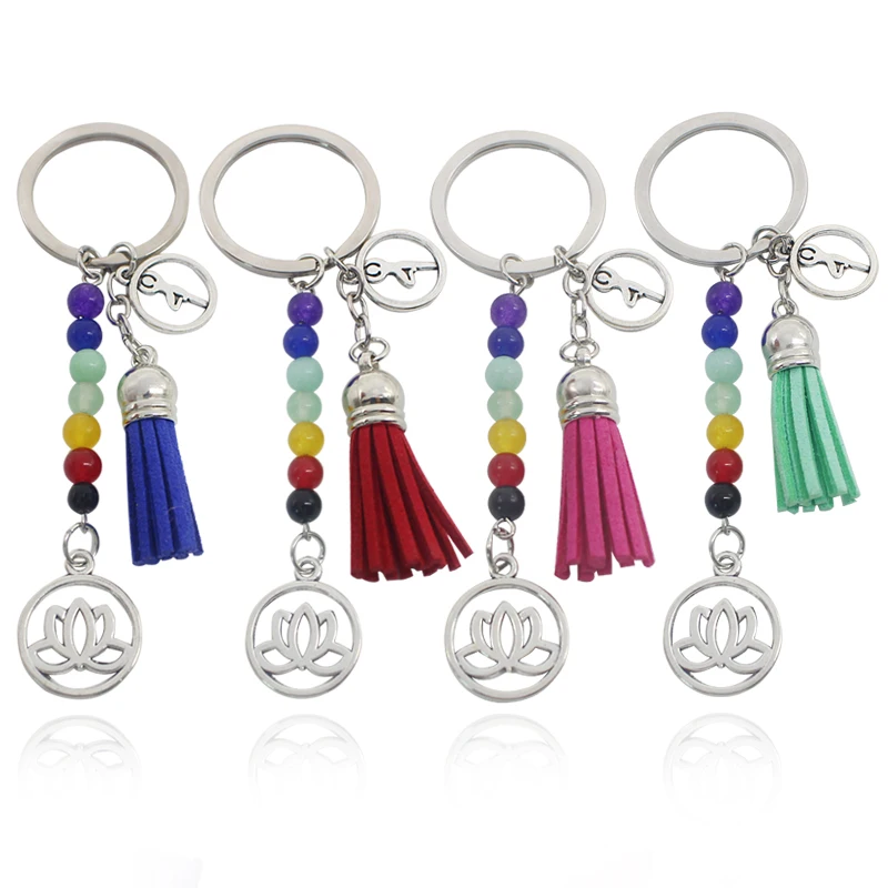 

Fashion Leather Velvet Tassel Silver Lotus Keychain Seven 7 Chakra OM Yoga Energy Key Chain 8mm Bead Reiki Keychains llavero