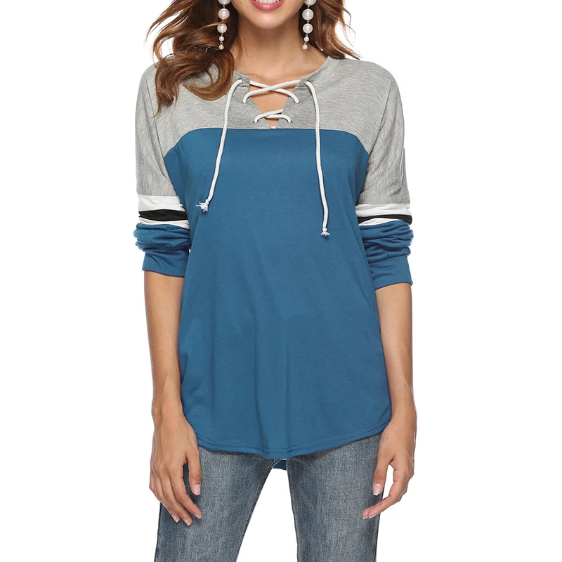 

Lace Up Tie Long Sleeve Spliced Women O Neck Pullovers Casual Hit Color Blouse Loose Ladies 2019 Fall Winter Basic Female Shirts