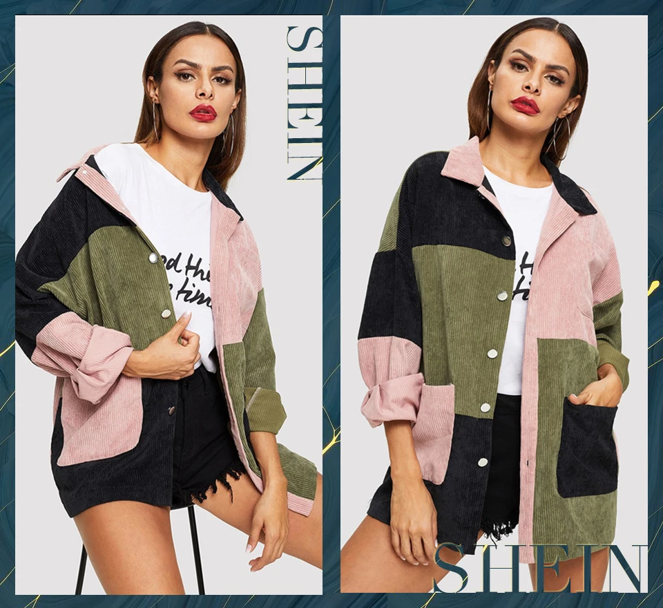 SHEIN, многоцветная Повседневная однобортная Вельветовая куртка с карманами спереди и цветными блоками, Осеннее Женское пальто для отдыха, верхняя одежда