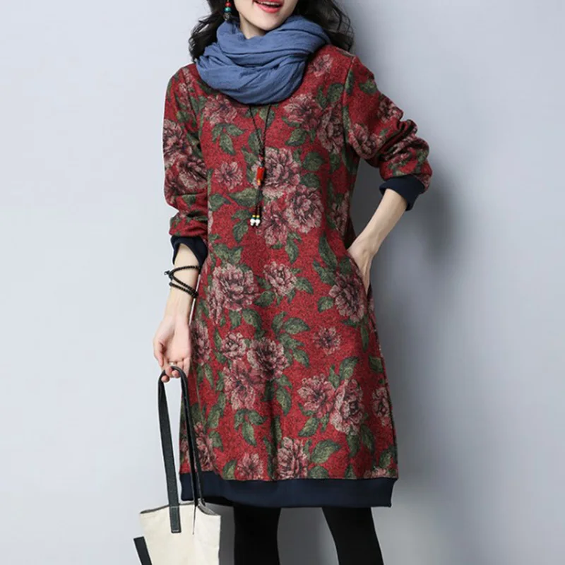 Plus velvet print long-sleeved dress