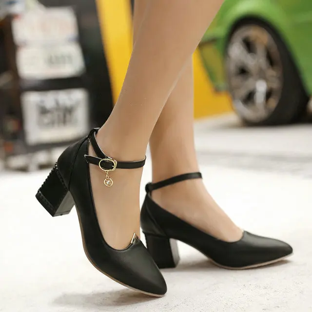 

New Arrive office lady Women ankle strap high square heels work or party shoes large size 34-43