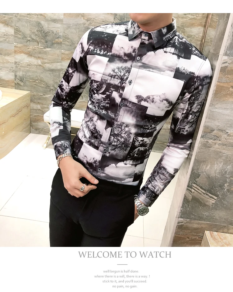 Зимние рубашки мужские s Slim Fit с длинным рукавом рубашки мужские s толстые Camisa Masculina пейзажи печатные рубашки мужские повседневные Camicia Uomo 2019