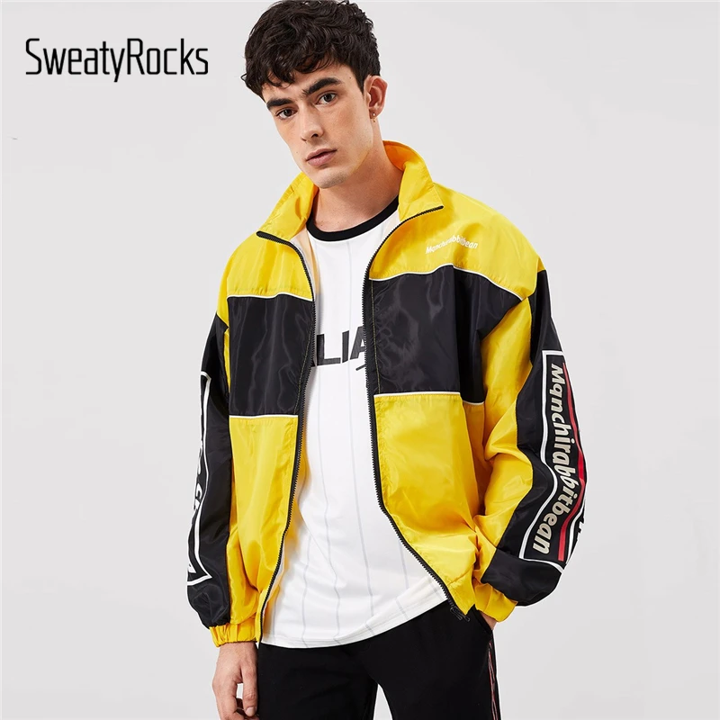 SweatyRocks Men Contrast Panel Letter Print Windbreaker