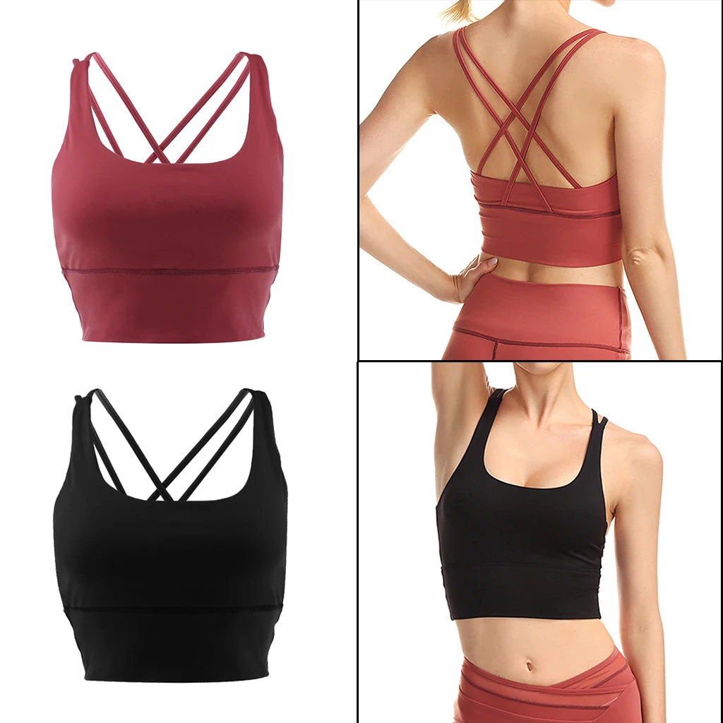 Womens Push-up Padded Strappy Sports Bra Top Cross Back Wirefree Fitness Vest Unremovable Padded Wireless Tops Lady Underwear