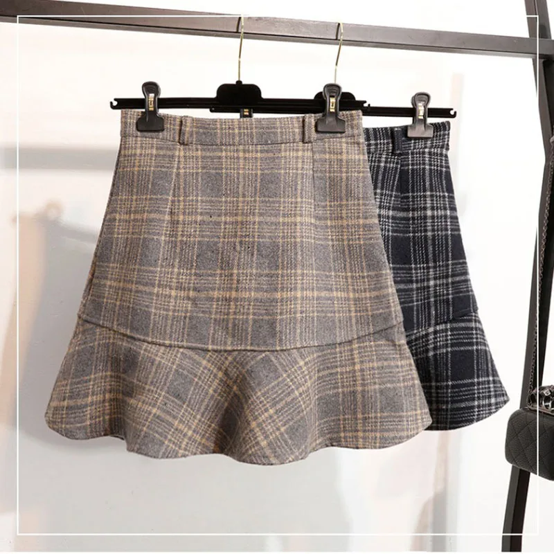 

New Ruffled Bag Hip Skirt Female 2019 New Plaid Woolen Skirt High Waist Skirt Natural A-Line Casual